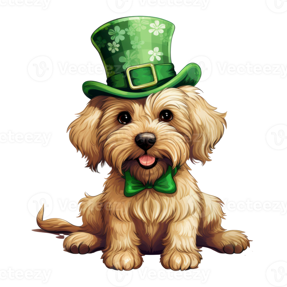 A dog wearing a St. Patrick Day hat and a green bow tie. isolated on transparent background png