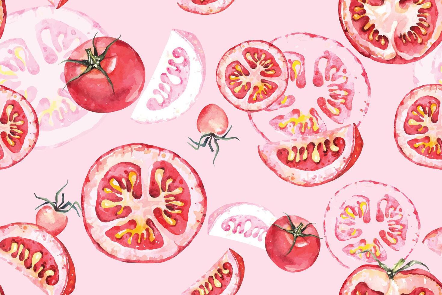 seamless pattern of tomato with watercolor.Vegetable background.Ripe red fresh organic tomato.Vegetarian food background.Suitable for designing fabric patterns or wallpaper. vector
