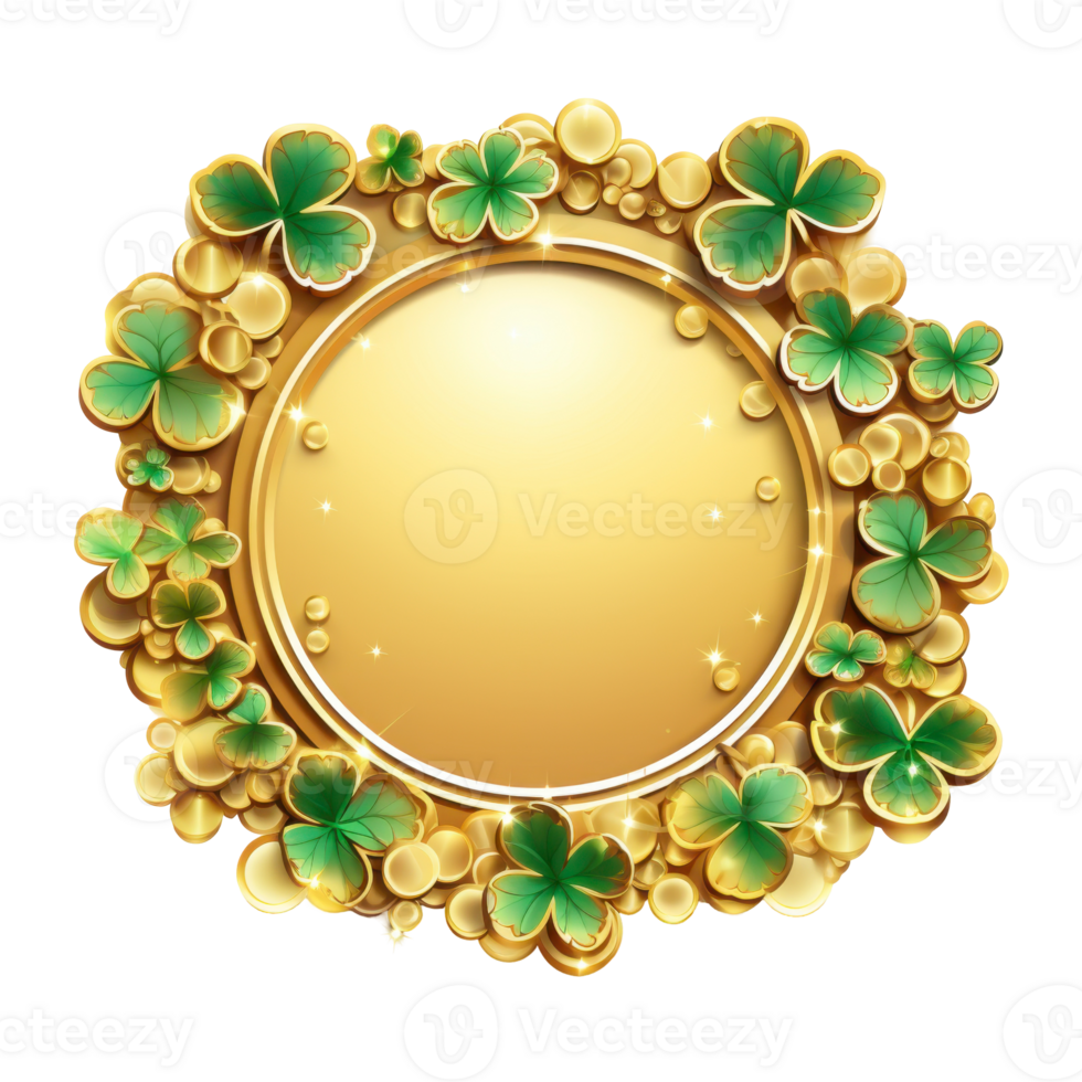 A gold frame with green leaves and gold coins. isolated on transparent background png