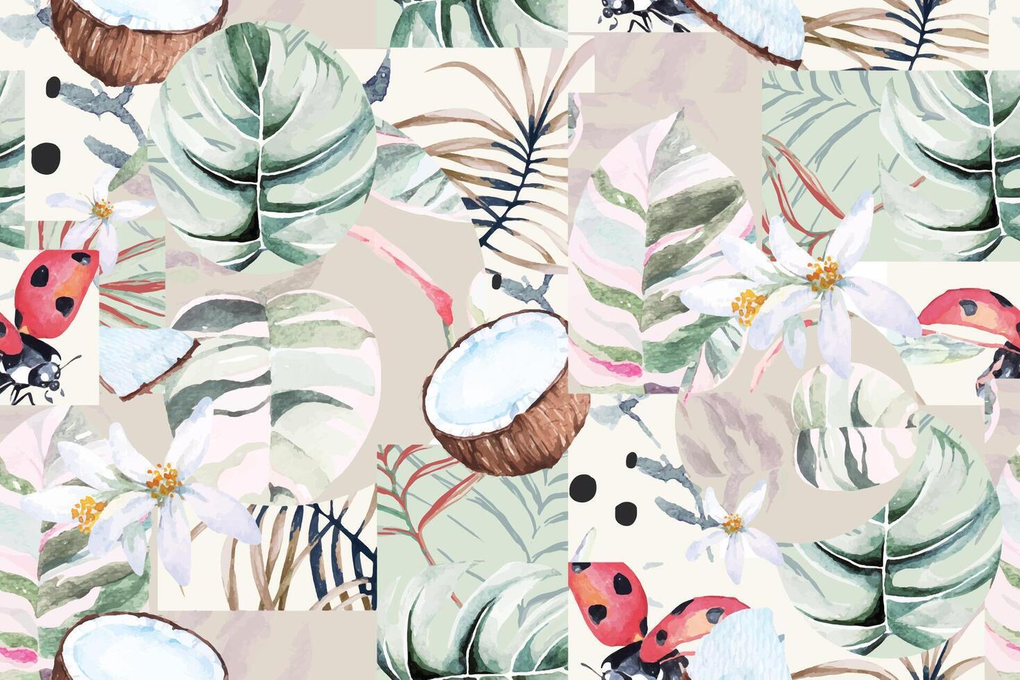 Seamless pattern of coconut, palm leaves and tropical plant painted in watercolor.For fabric and wallpaper designs from the forest.Natural Pattern Background. vector