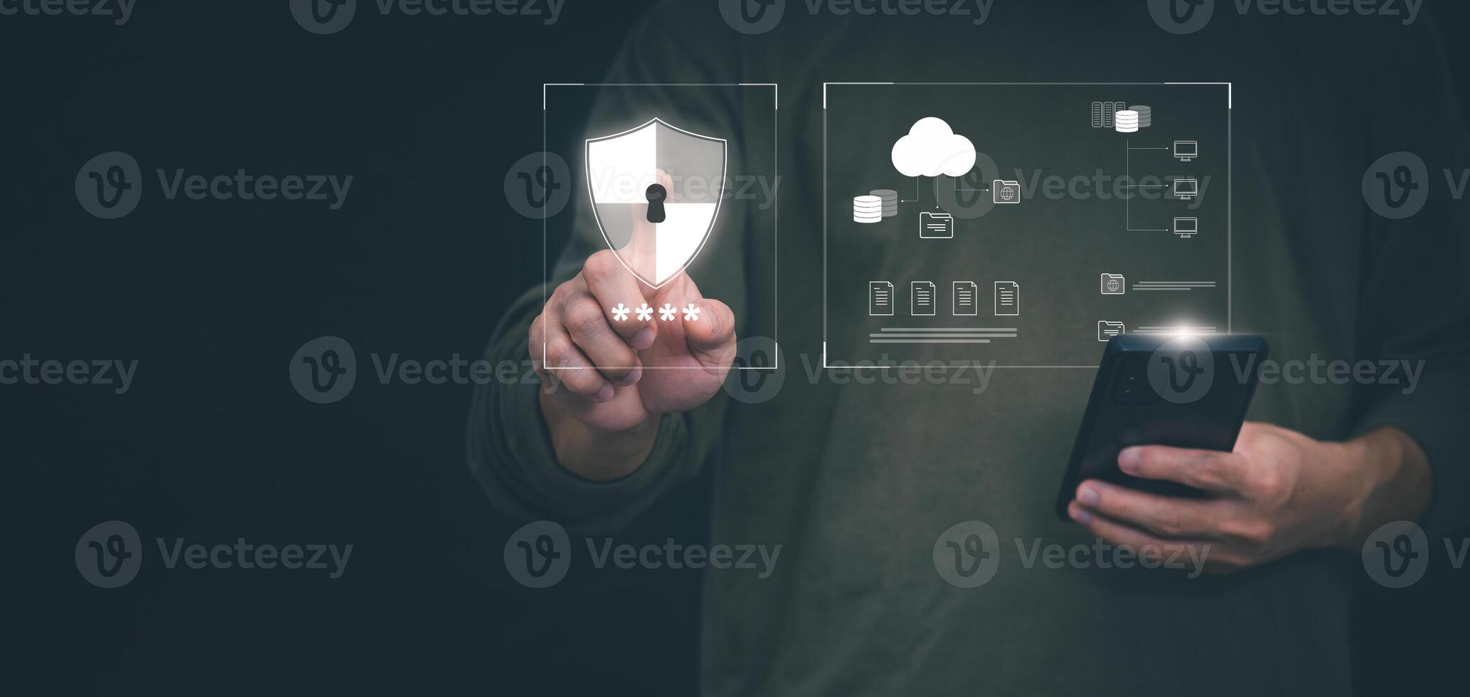 a man is holding a smartphone with a screen showing a security system photo