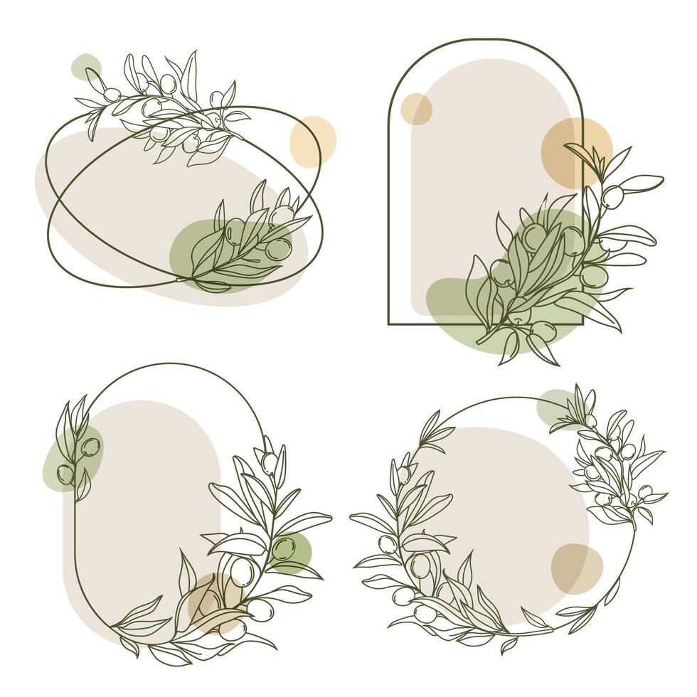 Elegant botanical frames set with Line art drawn olive branches leaves and fruits in a minimalist abstract style modern and natural aesthetic,invitations branding and packaging. illustration vector