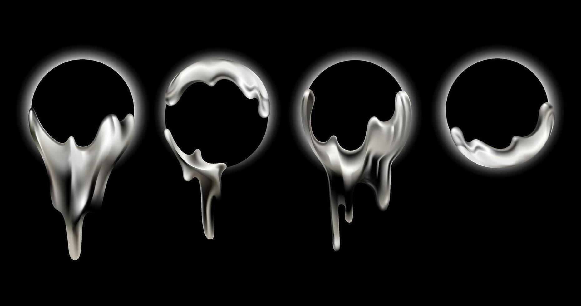 Chrome metallic liquid drips forming circular frames set with a glossy effect. Liquid metallic drips frames futuristic designs, frame, emblem, web, digital, creative backgrounds. illustration vector