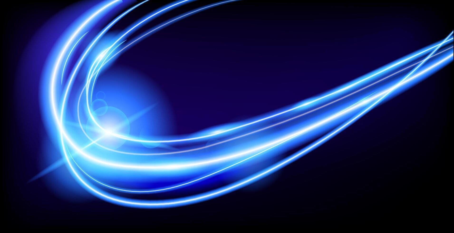 Abstract glowing blue light trails dynamically curve against a dark background, futuristic and high tech motion effect.Bright neon stripes convey energy, speed and a modern digital aesthetic. vector