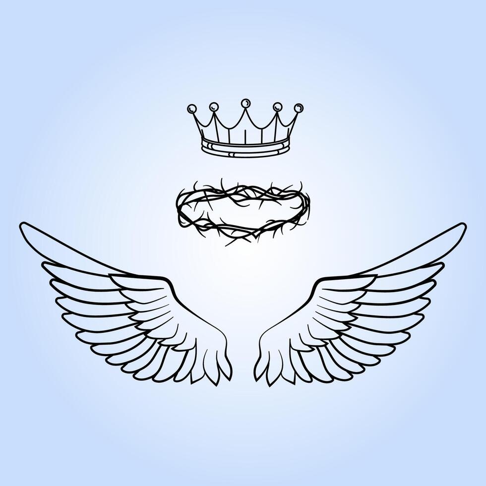 Religious and spiritual angel wings, a royal crown, and a crown of thorns on a soft blue background. Line art drawing for faith based designs, Easter, tattoo concepts, logo, print. illustration vector