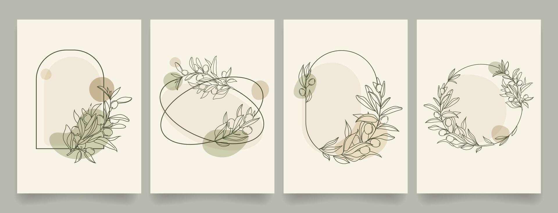 Minimalist botanical posters with hand drawn olive branches and geometric shapes frames in abstract style Soft earthy tones. Modern natural aesthetic for wall art, cover, invitations and branding. vector