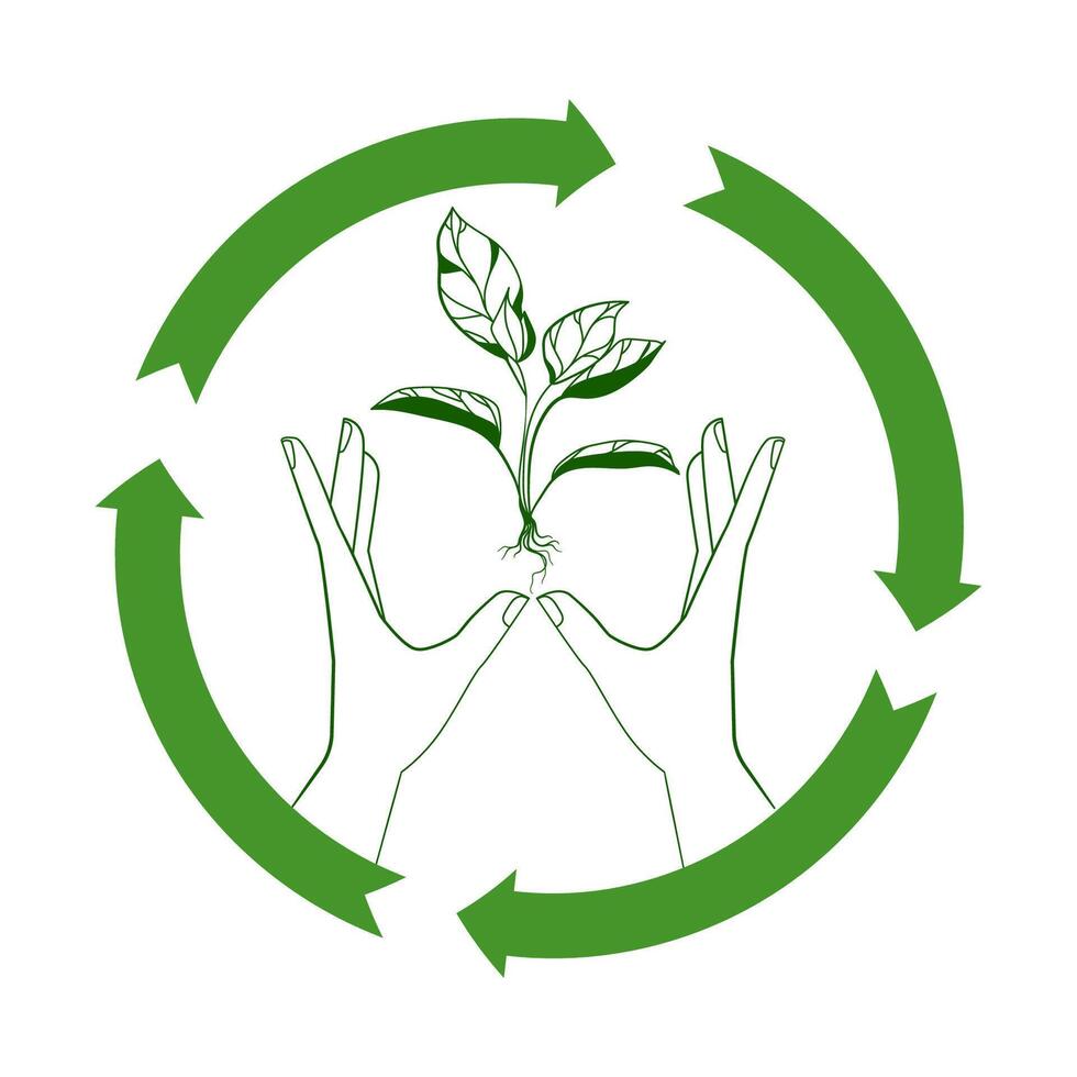 Two hands holding a plant with roots surrounded by a green recycling symbol logo emblem representing sustainability, environmental protection and eco-friendly practices. illustration vector