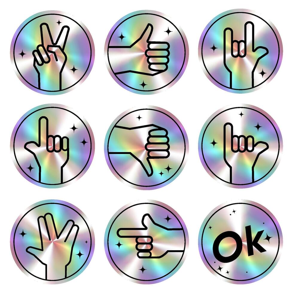 Holographic hand gesture icons various signs with thumbs up, peace, rock on, pointing, and OK symbols, with a metallic iridescent effect.Ideal for stickers,digital designs, social media,web. set vector