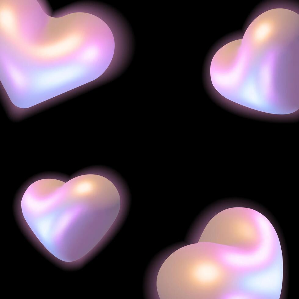 Floating iridescent 3D hearts with a soft glow on black background, modern and futuristic background.romantic themes, greeting cards, social media graphics. illustration vector