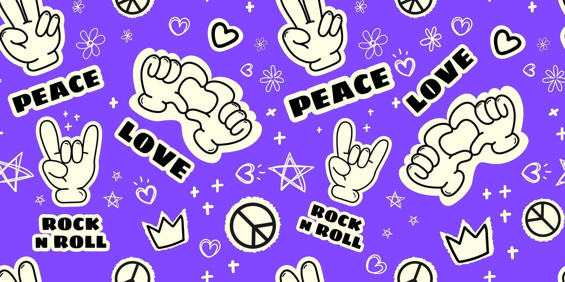 Hand gestures Seamless pattern in retro style, peace signs, love symbols, and rock and roll elements for trendy designs, background,textiles, wallpapers, digital . illustration vector