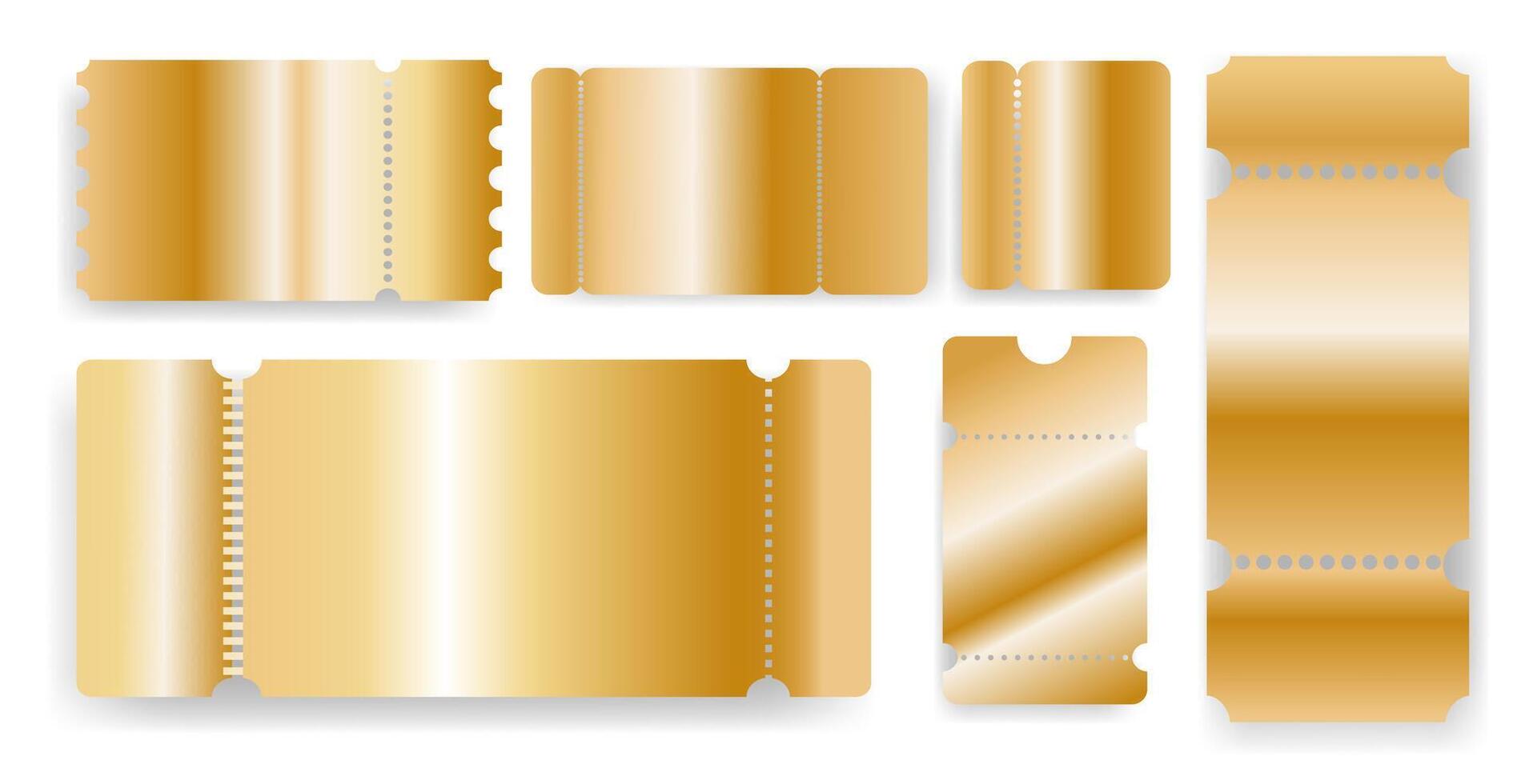 Golden tickets templates with various shapes set, perforated edges and a metallic shine for VIP events, luxury invitations, exclusive parties, cinema passes, raffle tickets, promo. illustration vector