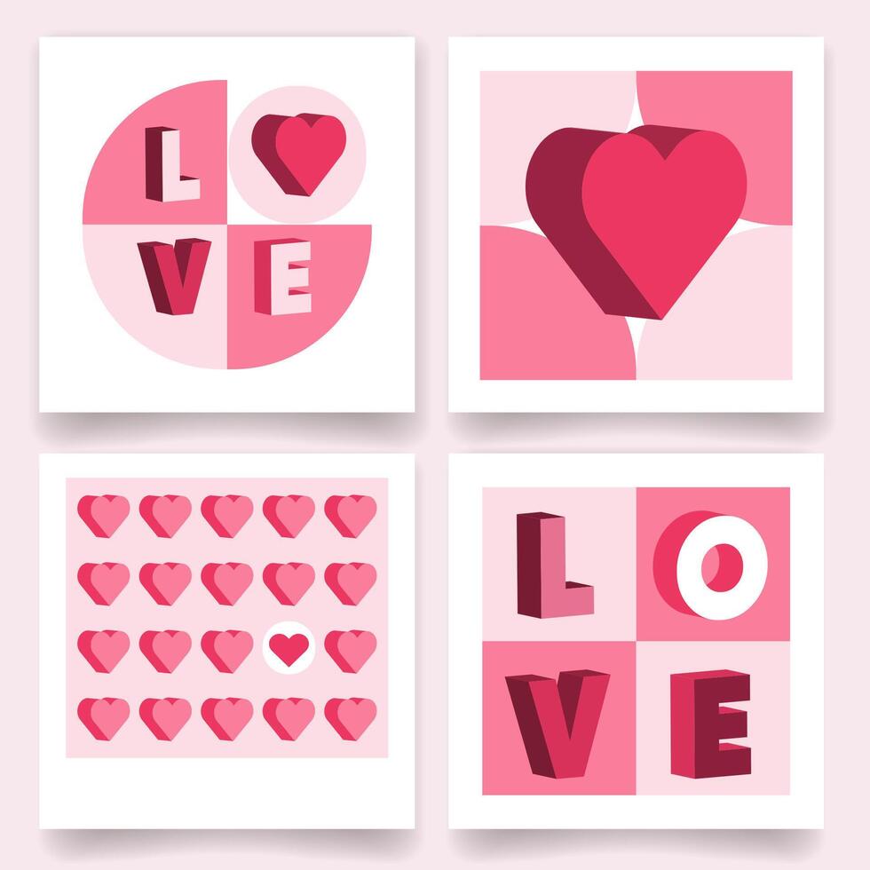 Modern card designs set with geometric 3D hearts, and pink shades for romantic greetings, backgrounds, template, banner, holiday invitations, social media posts,digital prints. illustration vector