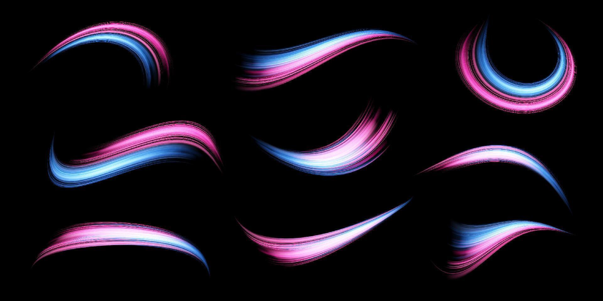 Glowing pink and blue lines set. Dynamic neon realistic energy speed wave. Abstract curve twirl light effect on a dark background vector