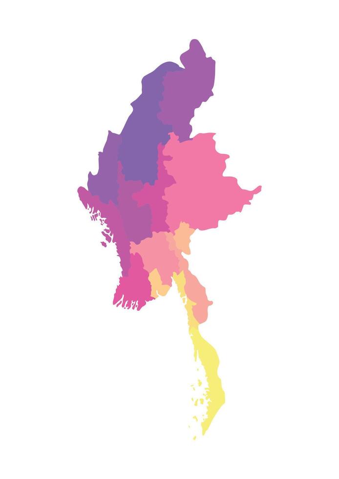 illustration of simplified administrative map of Myanmar. Borders and names of the regions. Multi colored silhouettes. vector