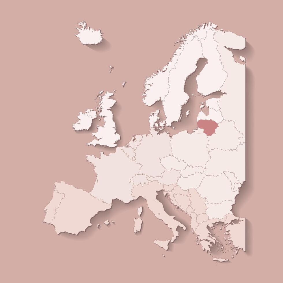 illustration with european land with borders of states and marked country Lithuania. Political map in brown colors with western, south and etc regions. Beige background vector