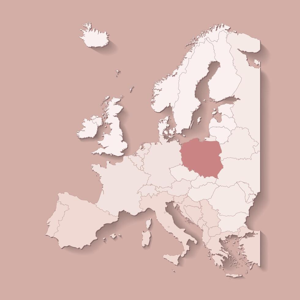 illustration with european land with borders of states and marked country Poland. Political map in brown colors with western, south and etc regions. Beige background vector