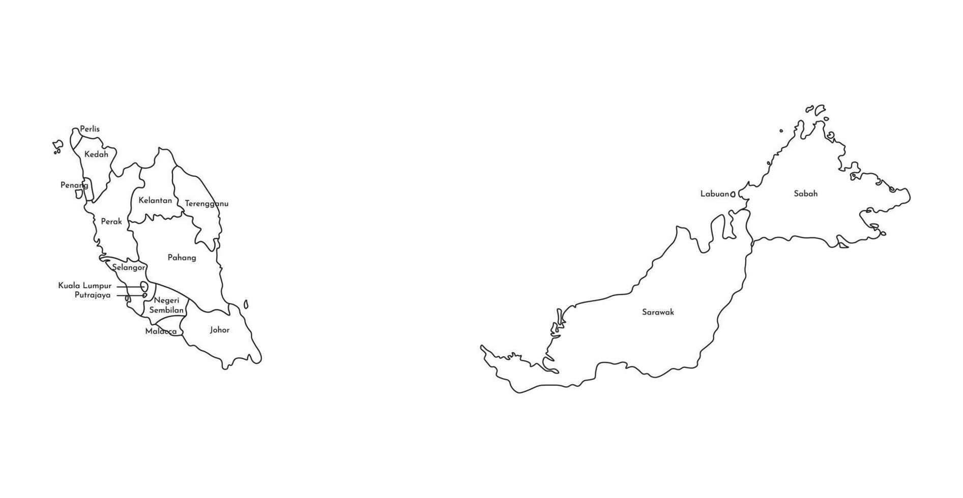 isolated illustration of simplified administrative map of Malaysia. Borders and names of the regions. Black line silhouettes. vector