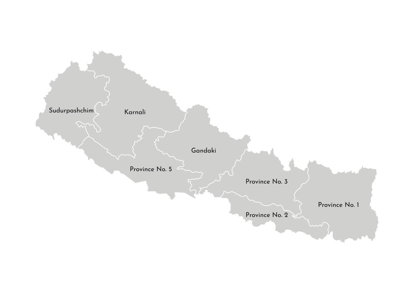 isolated illustration of simplified administrative map of Nepal. Borders and names of the provinces, regions. Grey silhouettes. White outline vector