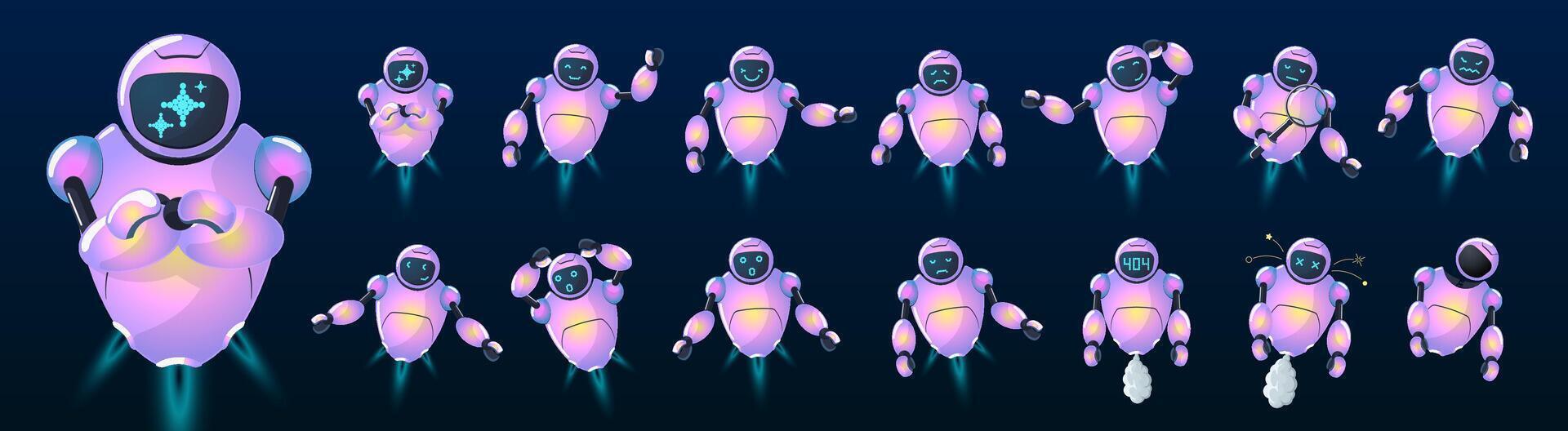 Cute robot mascot set. Futuristic AI chatbot characters in various poses. Friendly cyborgs with digital faces, neural network and tech inspired designs. Automation, virtual assistant or online service vector