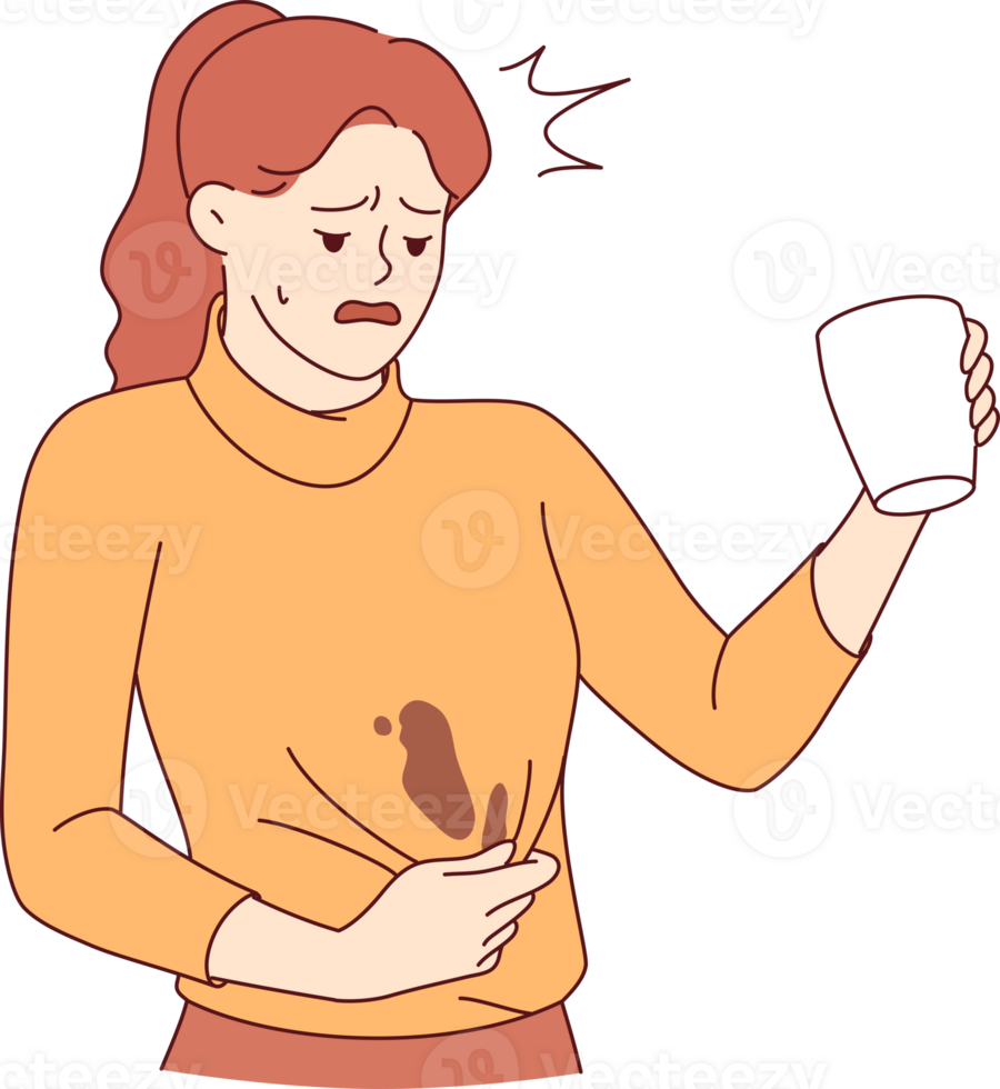 Clumsy woman spills coffee on sweater and needs urgent washing to prevent stain from drying. Clumsy girl makes unhappy grimace due to pain caused by spilled hot drink from white mug png