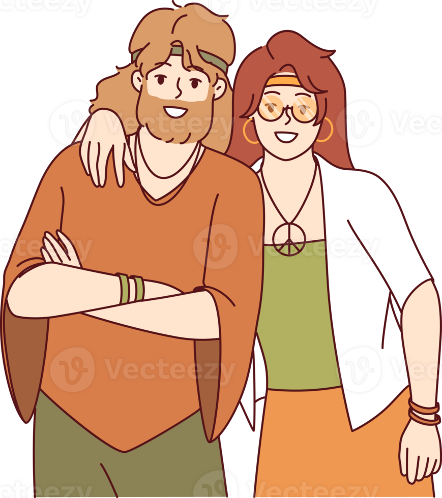 Hippie man and woman stand in embrace and smile, rejoicing at presence of free youth subculture. Two hippies with pacific symbol on necks call for informal lifestyle and to be non-conformist png