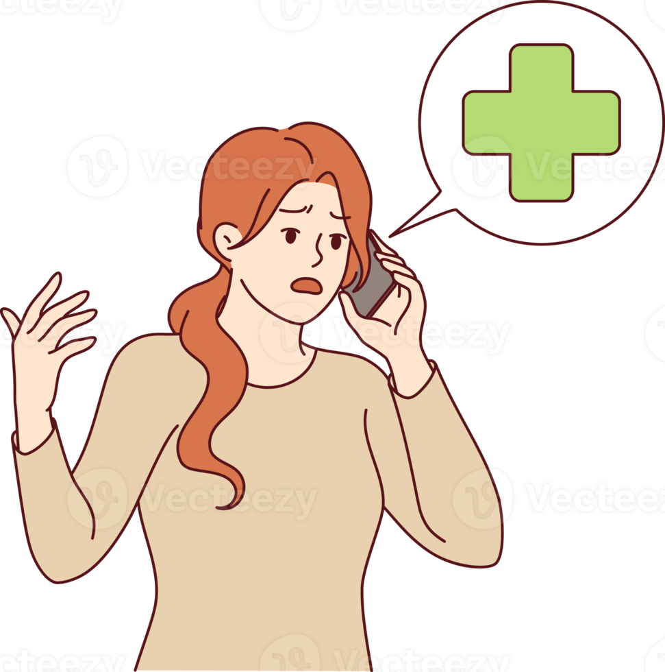 Woman calls 911 and calls for emergency medical help during personal emergency. Girl with mobile phone talks to 911 or doctor describing symptoms of disease and trying to get telemedicine diagnosis png