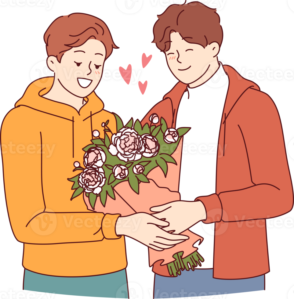 Gay man gives flowers to boyfriend during date and feels safe thanks to society tolerance for LGBT people. Gay guy receives bouquet from lover, on anniversary of relationship or on valentine day png
