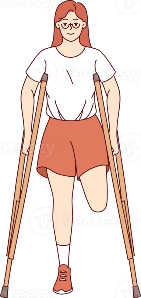 Leg amputation caused by chronic health problems in woman with disabilities using crutches. Happy girl smiles and shows positive emotions despite leg amputation causing problem in life png