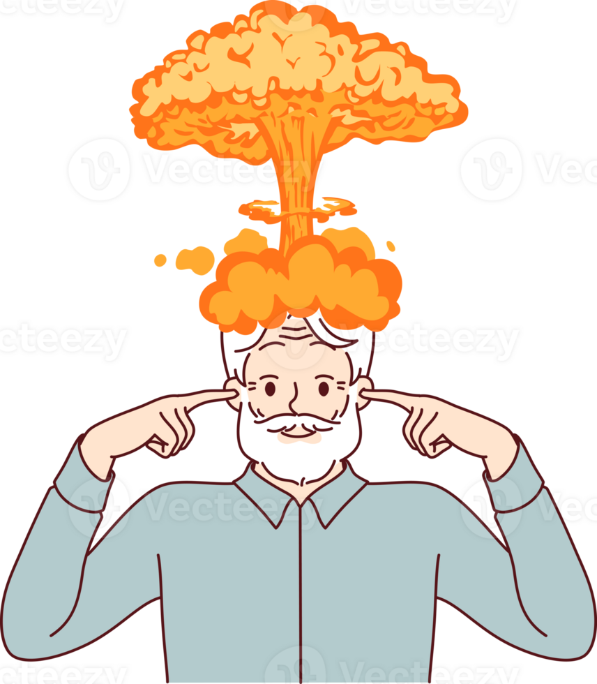 Explosion of brain in elderly man who has experienced severe strain on intellect and covers ears with fingers. Brain explosion symbolizes receiving shocking information that can drive person crazy png