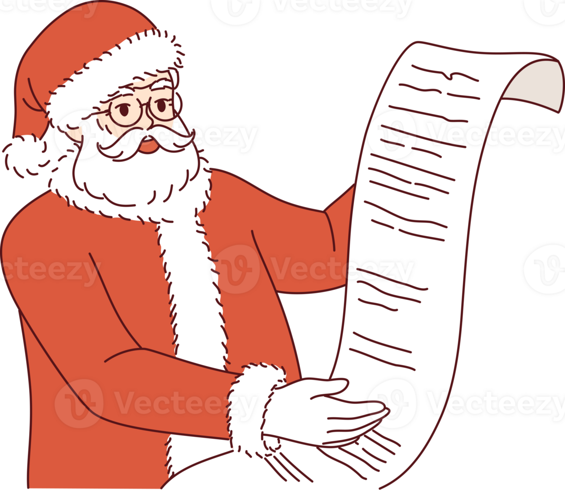 Santa claus reads wish list and rejoices at approaching new year or christmas holidays. Santa claus in red clothes is preparing to deliver gifts for children, on eve of december festives png