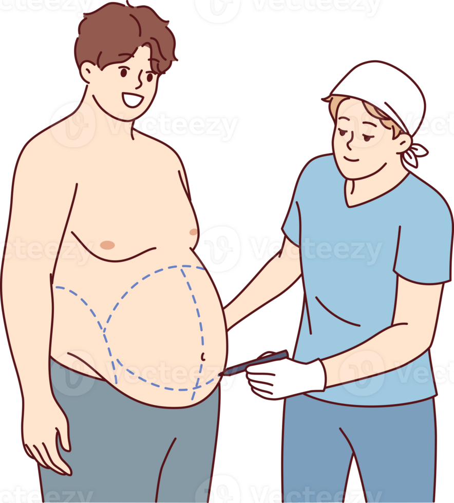 Preparation for liposuction for fat man who wants to get rid of excess weight and saggy belly. Guy visits surgeon for liposuction and abdominoplasty to get attractive body without effort png