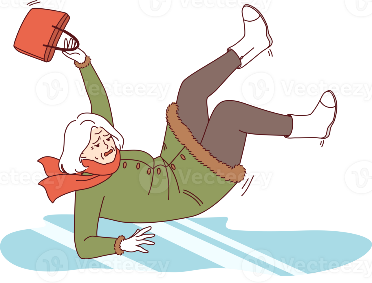 Elderly woman slips on slippery ground and falls, risking injury due to uncleaned ice. Gray-haired lady slipped on ice during winter walk and falls backwards because of uncomfortable shoes. png