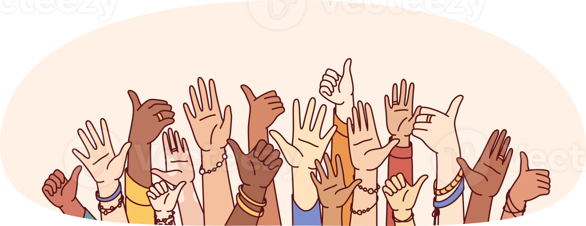 Hands of diverse people showing thumbs up or greeting gestures symbolize unity and harmony in society. Hands of crowd multiethnic men and women united png