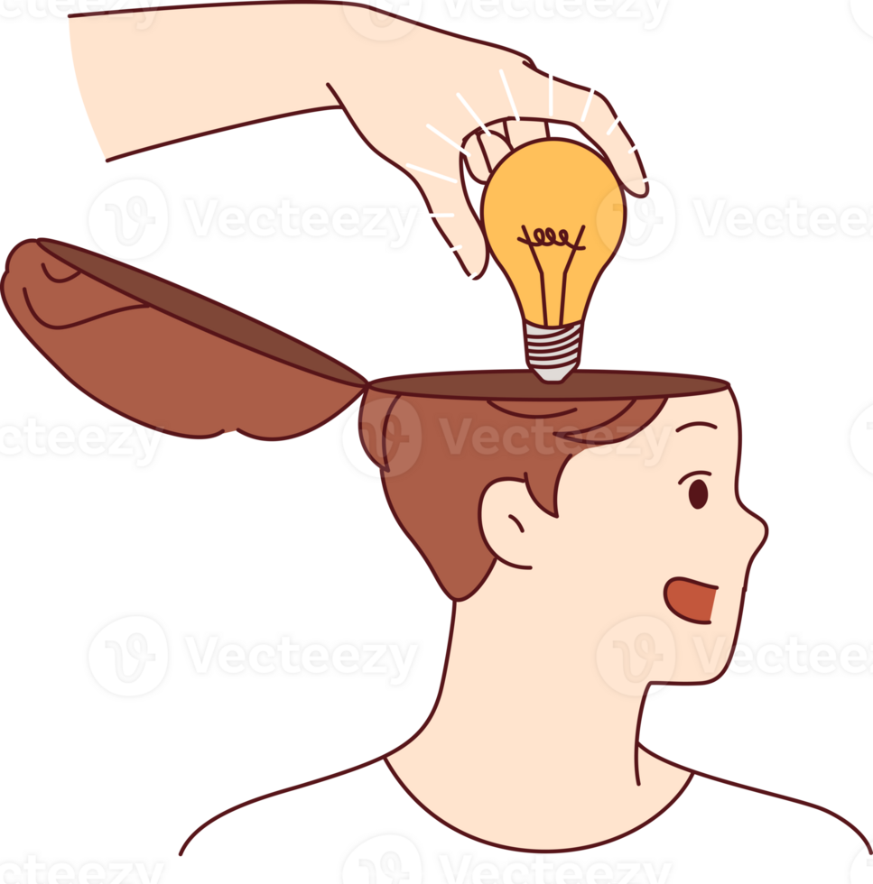 Mentor hand puts idea in shape of light bulb into man head, symbolizing training and valuable advice that causes personal development. Teacher giving idea to student during proper educational process png