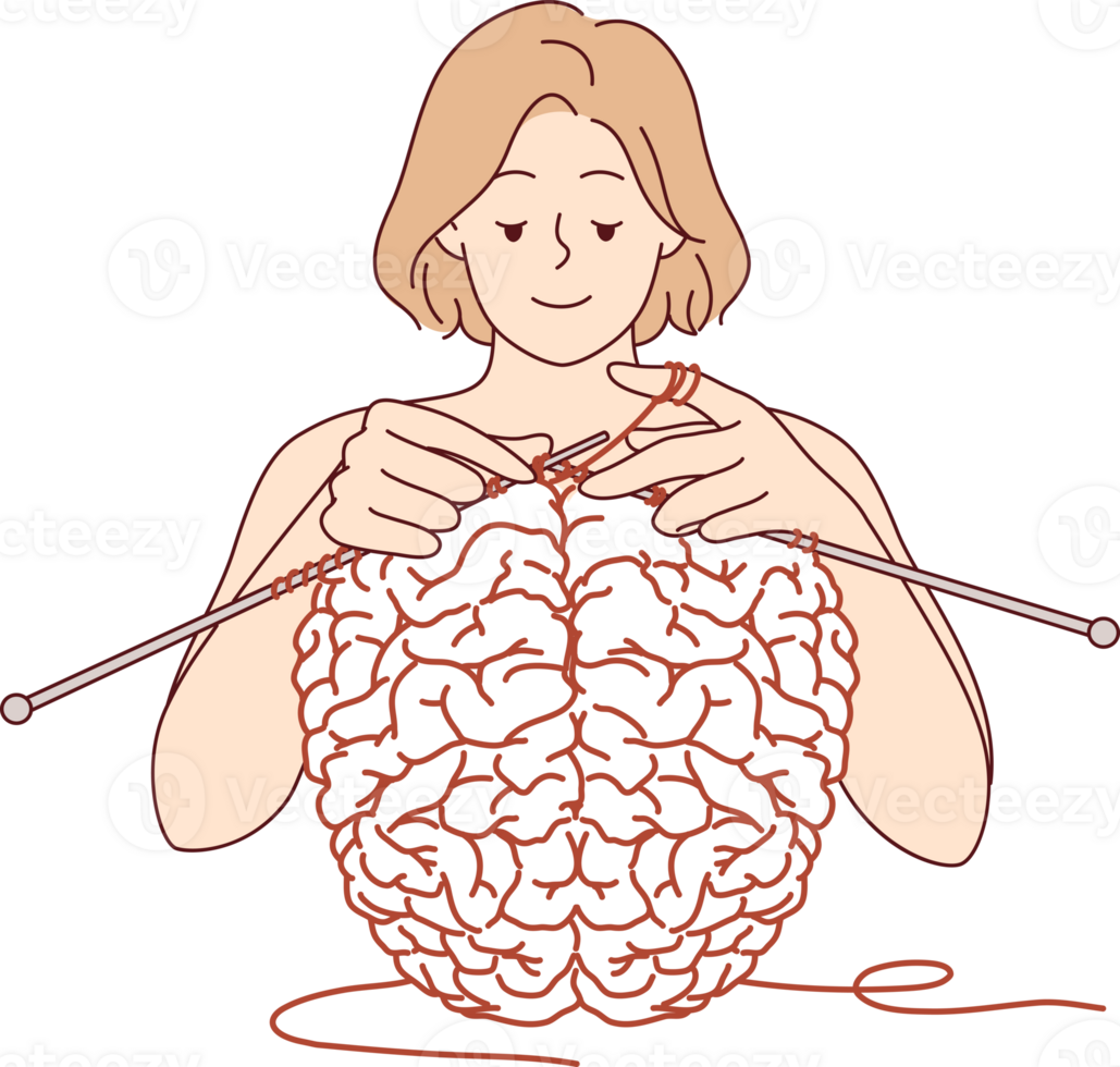 Woman creates brain using knitting as metaphor for psychological therapy and mental health care. Girl works on developing brain and memory or intelligence, helping to achieve mental stability png
