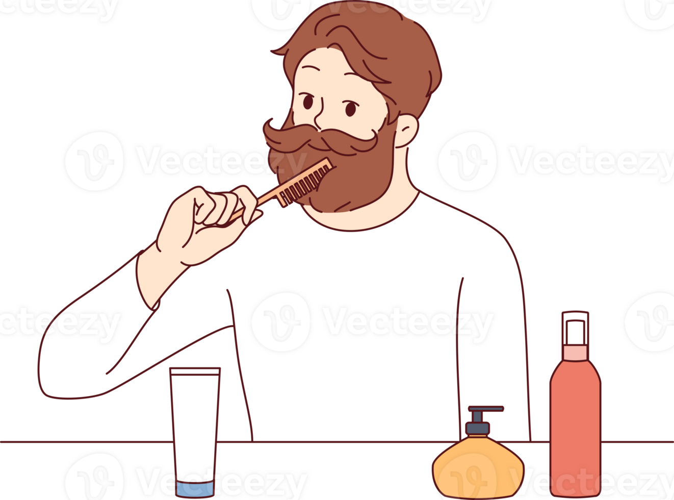 Brutal man takes care of beard and mustache, uses comb to create beautiful image. Guy combs beard while getting ready for work in morning, looks in mirror, styling hair with cosmetic gel png