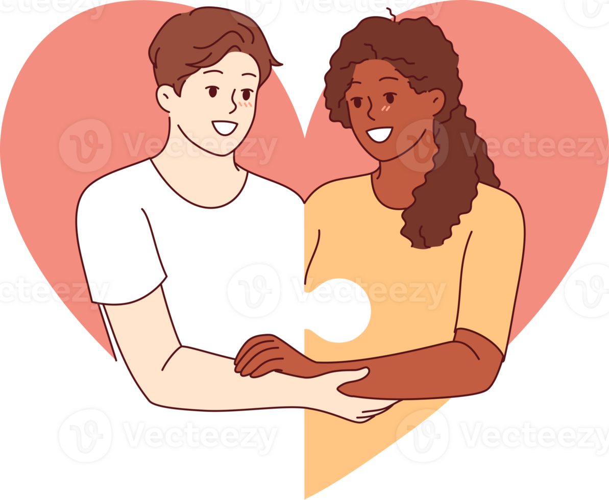 Love between diverse couple and with man and woman holding hands and consisting of puzzle pieces. Multiracial love or romantic relationships through mutual understanding or equality png