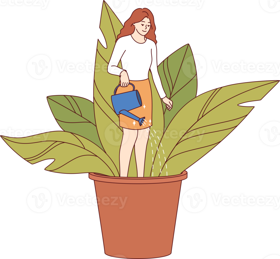 Woman is engaged in self-development and personality improvement, standing in huge flower pot, field soil. Concept of importance of self-development and mental health care for sustainable growth png