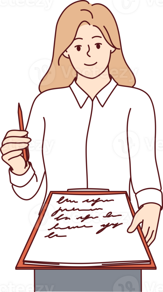 Woman recruiter offers to sign job offer, holding out clipboard and pen to screen. Female corporate manager demonstrates job offer or readiness to reach agreement with company partners. png