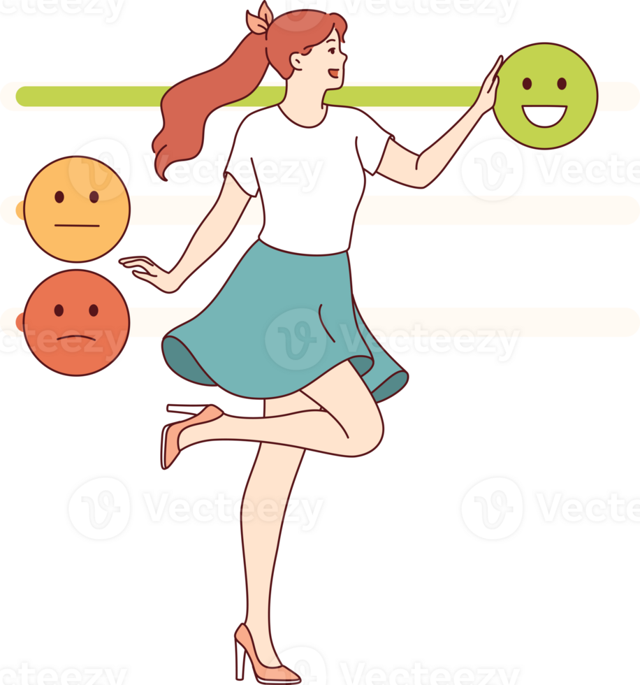 Woman with high emotional intelligence controls own behavior and moves emoji sliders. Positive girl with excellent emotional intelligence, taking care of optimistic mood to avoid stress png