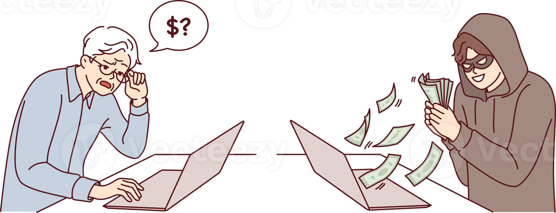 Hacker steals money from elderly man using laptop with internet, via psychological manipulation and scam techniques. Robbed grandfather trusted anonymous chat interlocutor and sent savings to hacker png