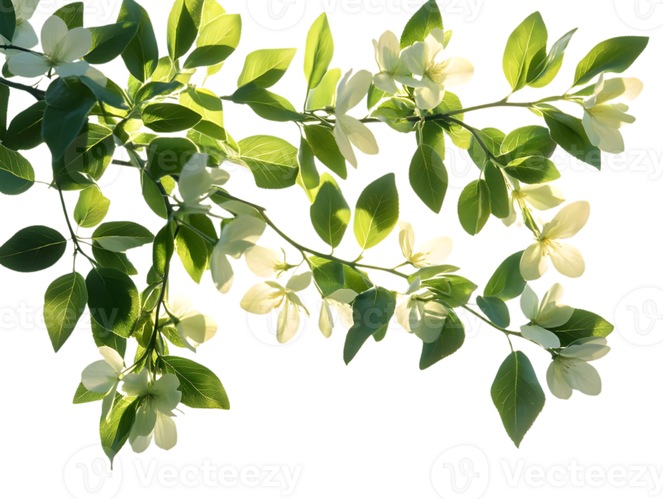 Branch with Delicate White Flowers and Green Leaves, Transparent Background png