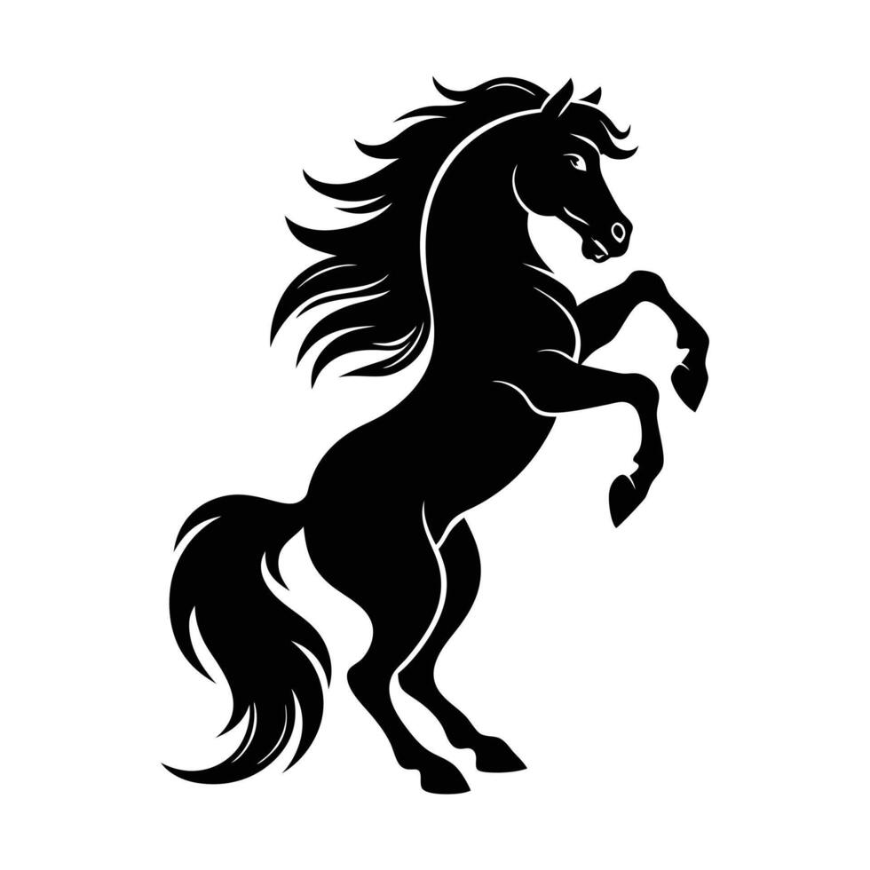 Dynamic Black and White Rearing Horse Silhouette with Flowing Mane and Tail, Perfect for Equestrian and Wildlife Designs vector