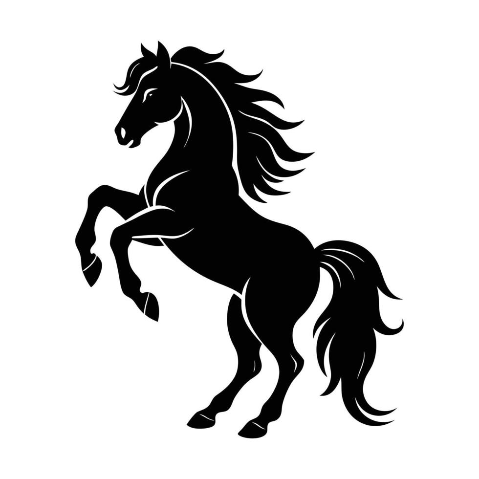 Dynamic Black and White Rearing Horse Silhouette with Flowing Mane and Tail Perfect for Equestrian, Wildlife, and Animal Designs, Majestic Horse Illustration, Art vector