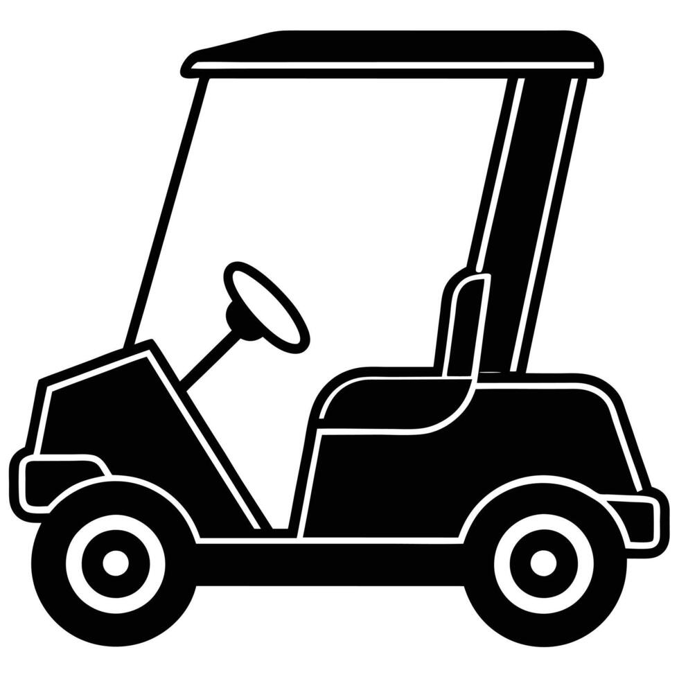 Stylized Black and White Illustration of a Golf Cart, Side View of a Golf Vehicle with Steering Wheel and Seat, Simple Line Art Design for Sports, Travel, and Outdoor vector
