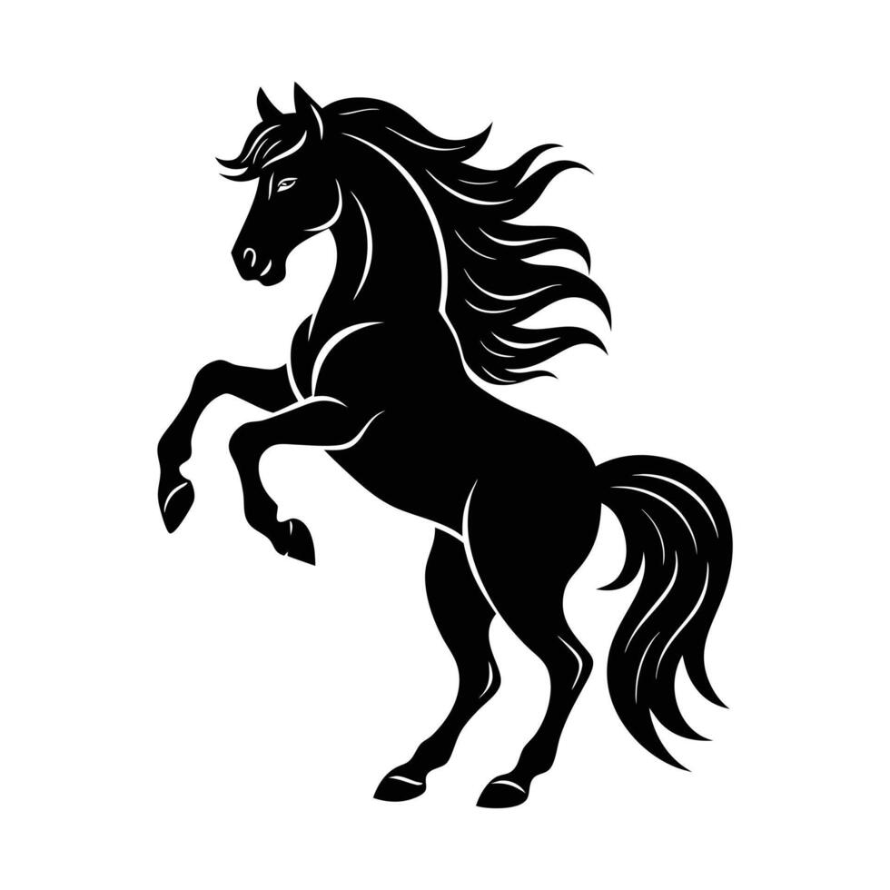 Black and White Rearing Horse Silhouette Flowing Mane and Tail, Dynamic Equestrian Design, Wildlife Art, Majestic Horse Illustration, Design for Animal vector