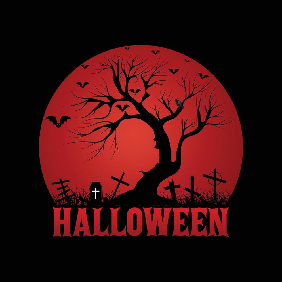 Red Halloween T-Shirt Design With Tree vector