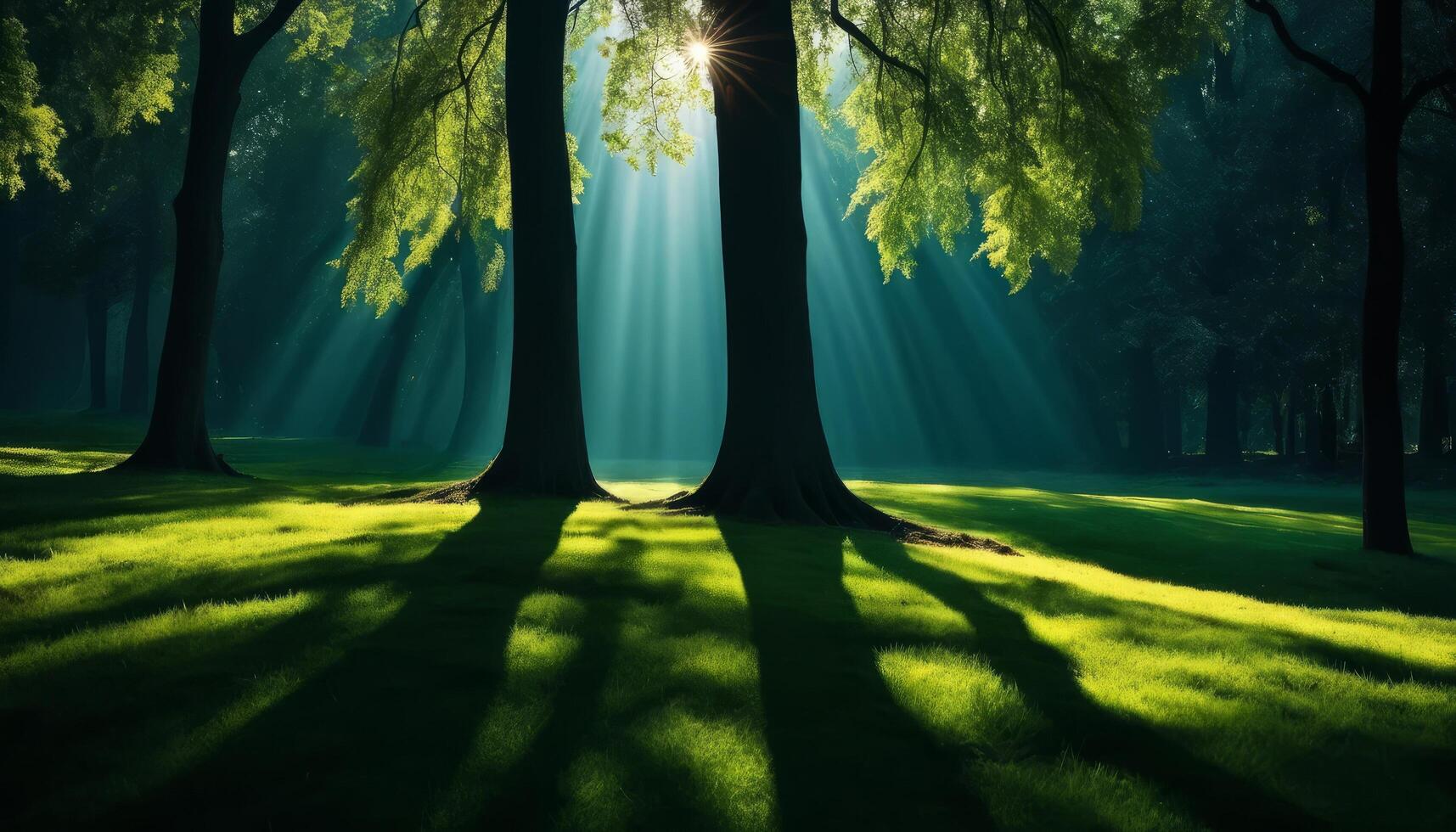 Sunlit Forest Clearing with Three Trees and Long Shadows photo