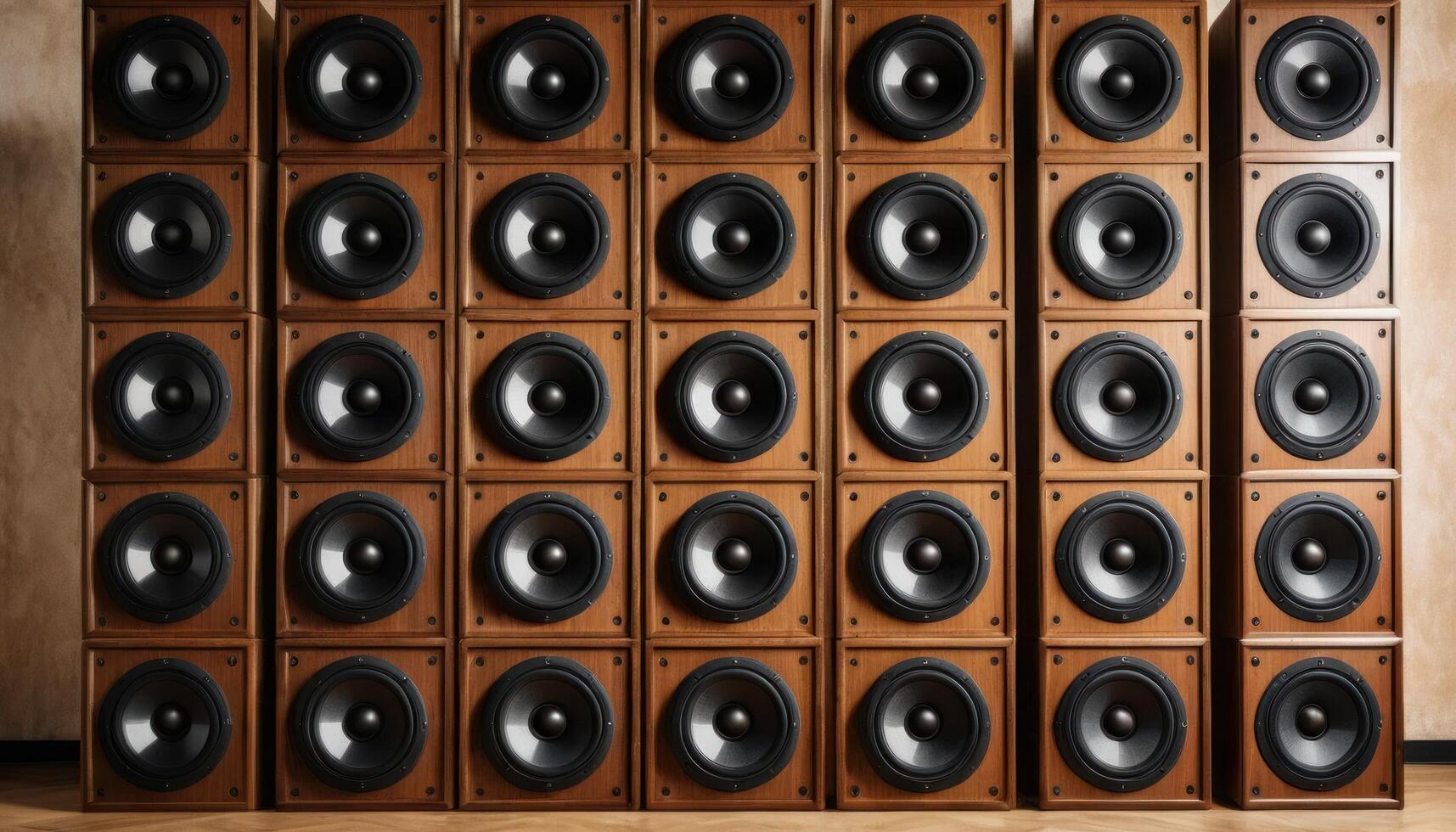 Wall of Brown Wooden Speakers with Black Drivers photo