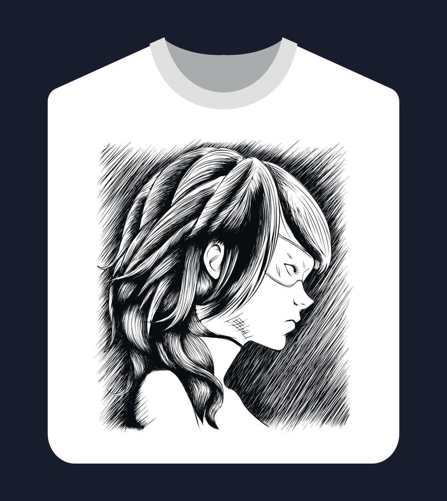 illustration of a woman in profile in black ink for printing on a white shirt vector